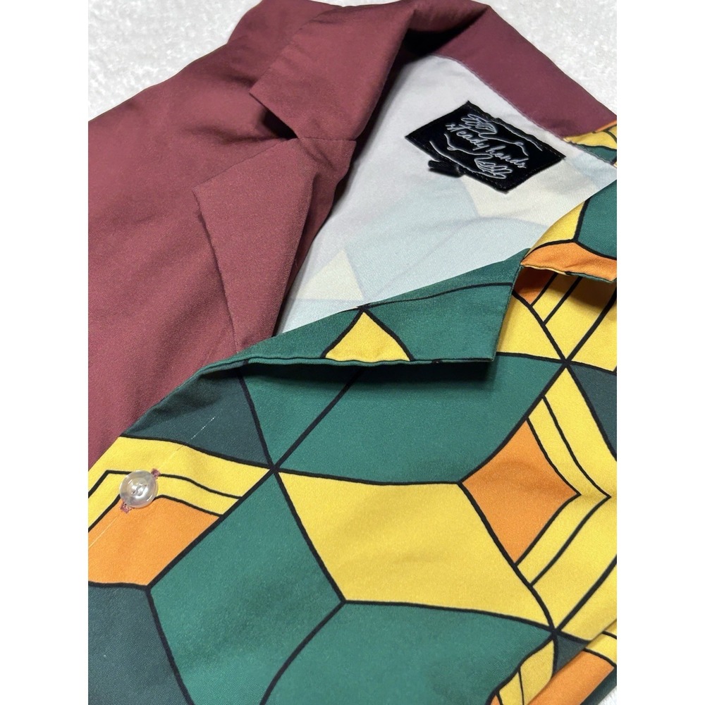 Steady Hands Shirt Mens 2XL 100% Rayon Geometric Camp Maroon Green Lightweight